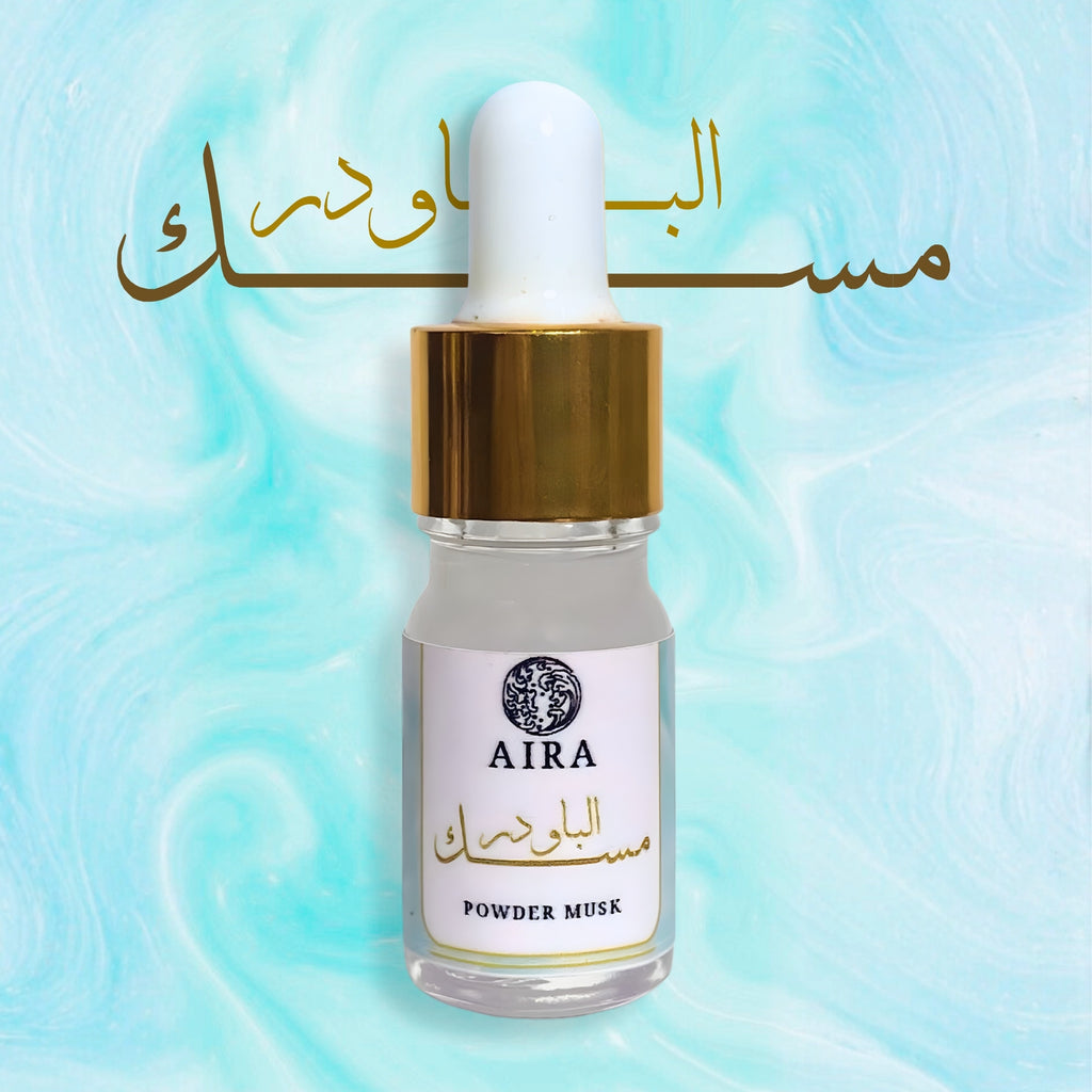 Aira Powder Musk dropper bottle on a light blue swirling background