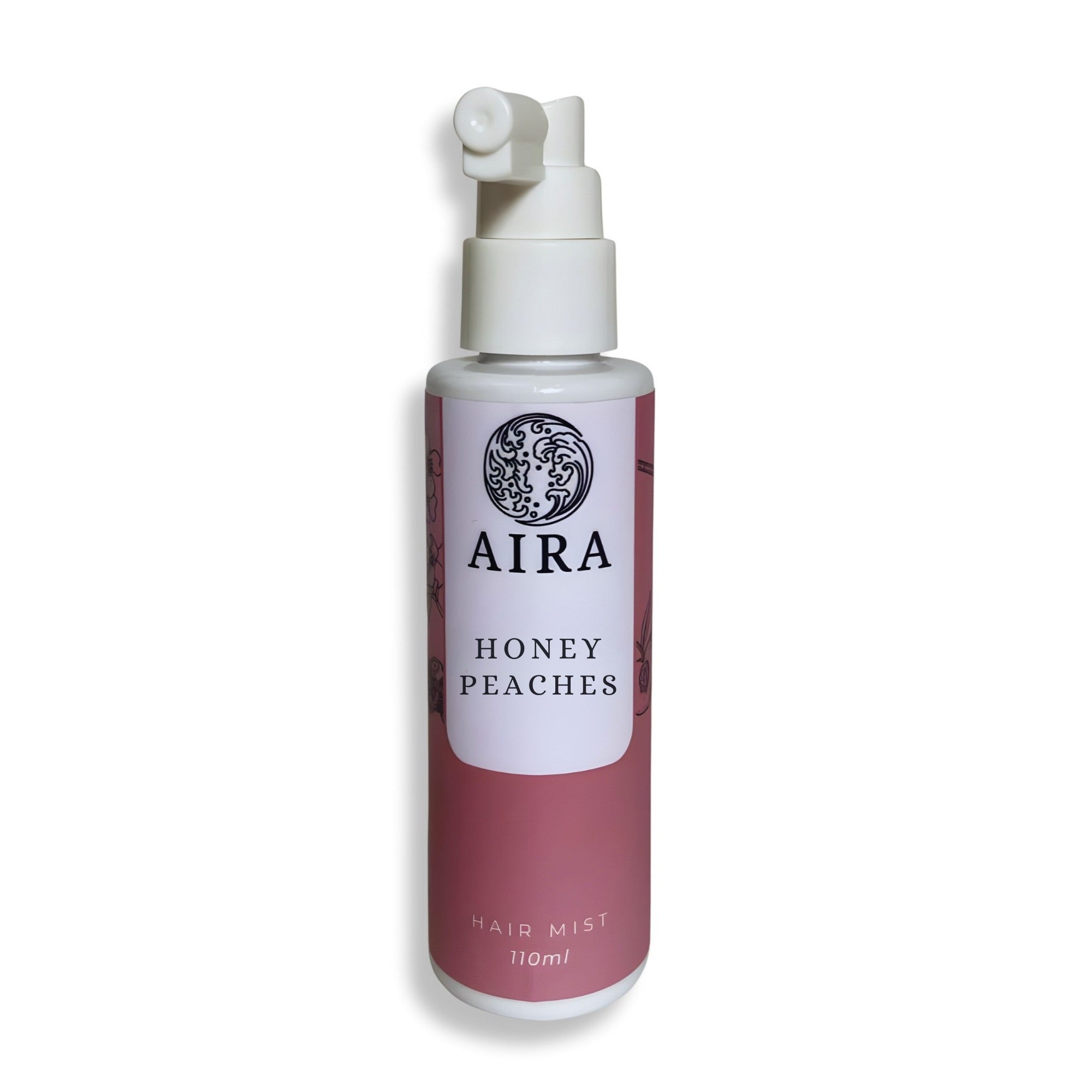 AIRA Honey Peaches hair mist bottle on a white background