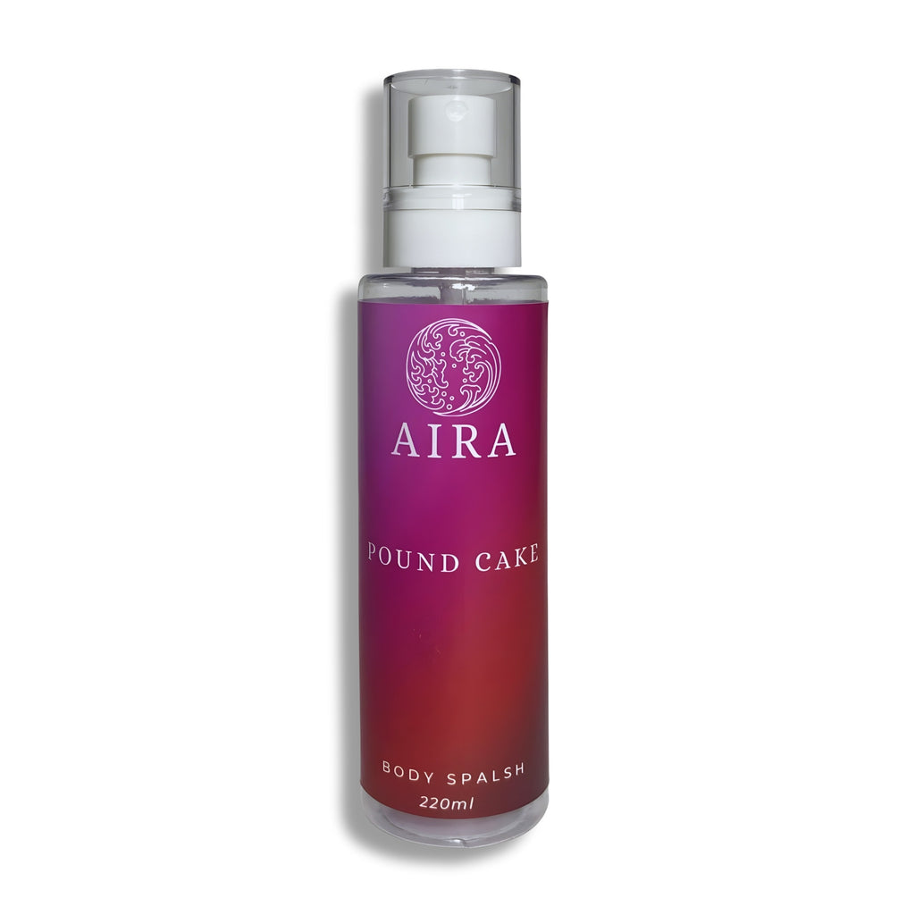 Body splash bottle with 'AIRA' branding on a white background