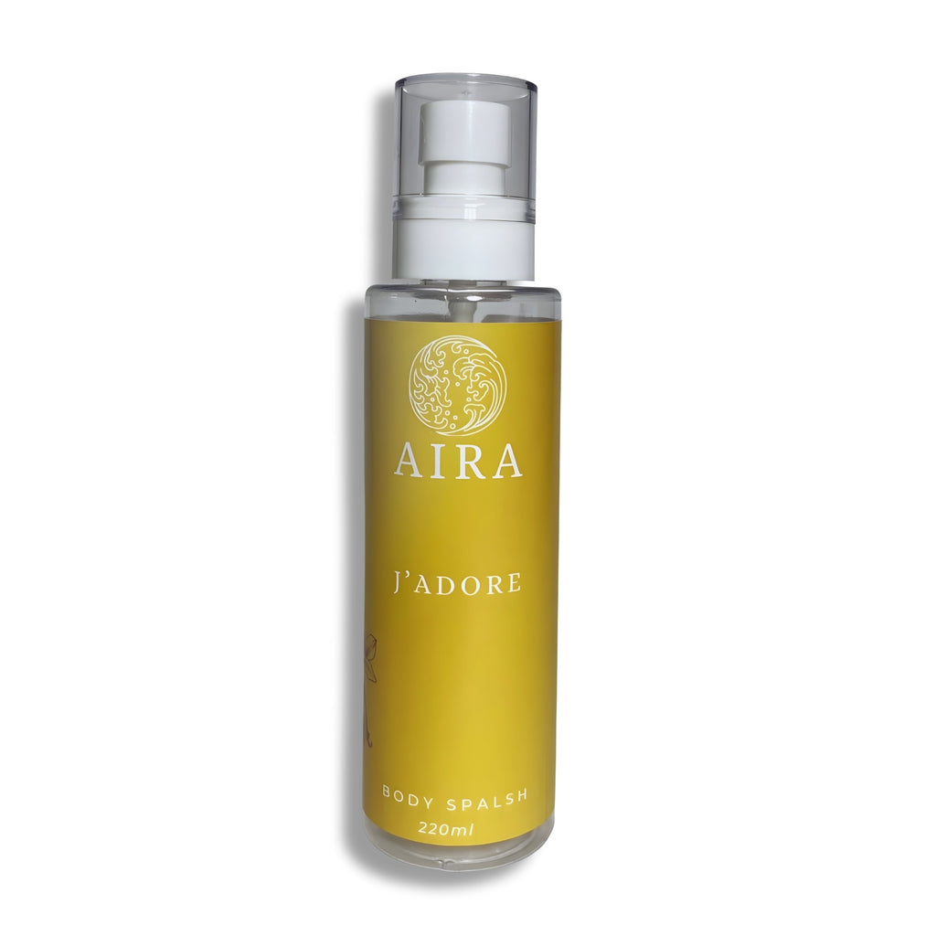 Aira J'adore body splash bottle on a white background