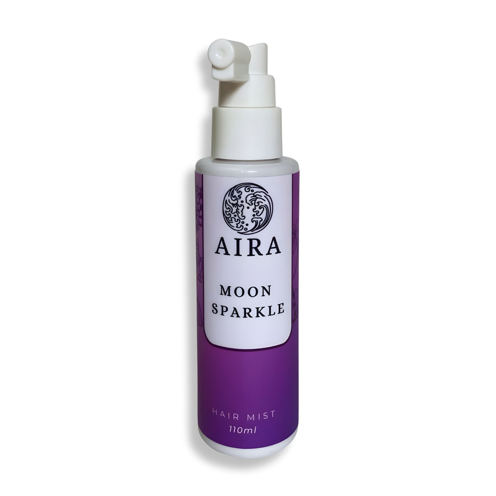 Purple bottle of AIRA Moon Sparkle hair mist on a white background