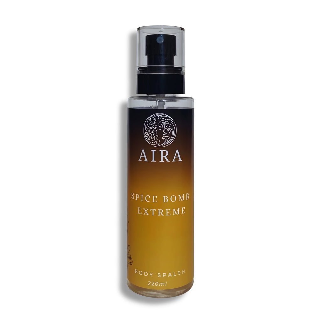 Bottle of 'Spice Bomb Extreme' body splash by AIRA on a white background