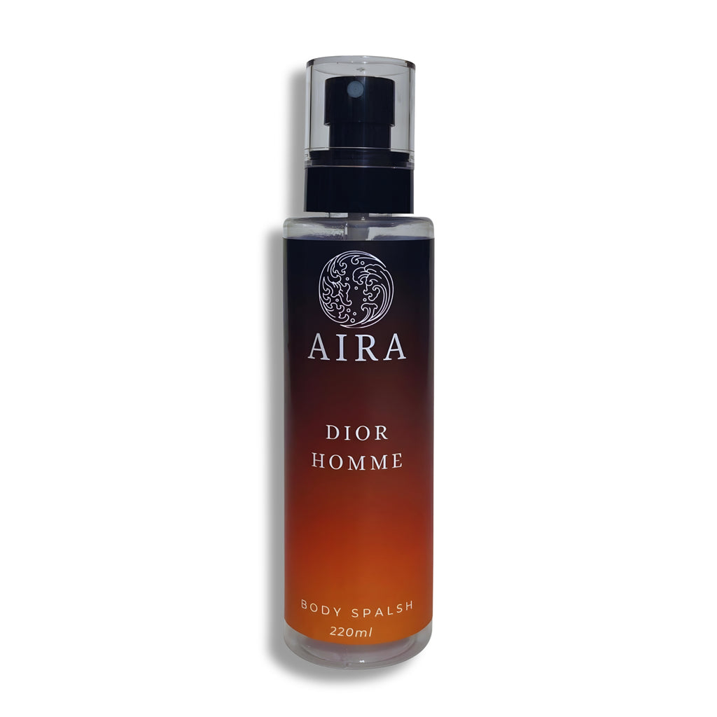 Dior Homme body splash bottle with 'Aira' branding on a white background