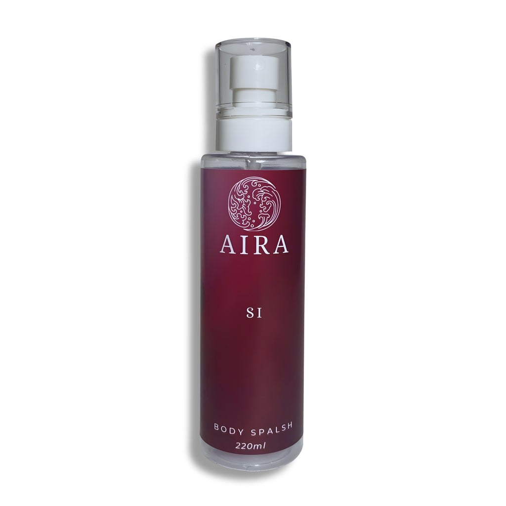 Aira body splash bottle with maroon label and white cap on a white background Si