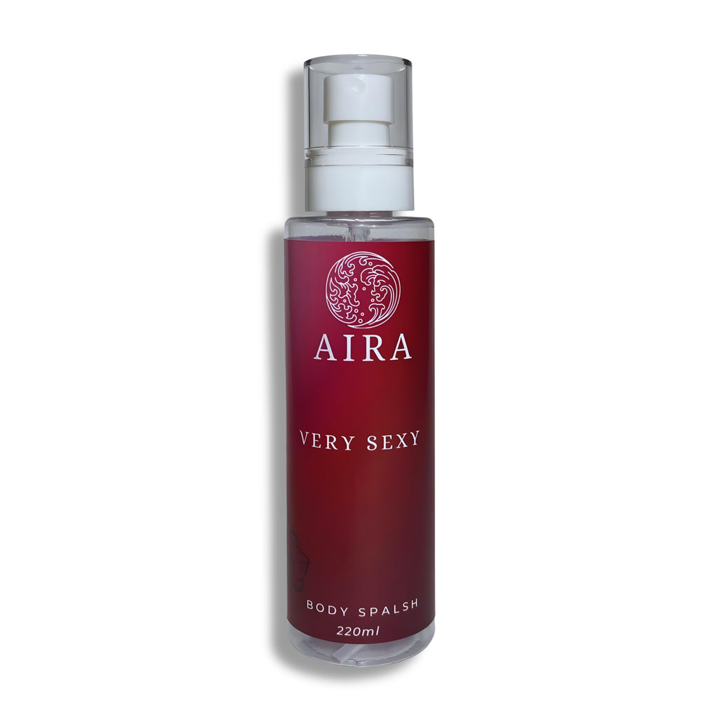 Bottle of AIRA 'Very Sexy' body splash on a white background