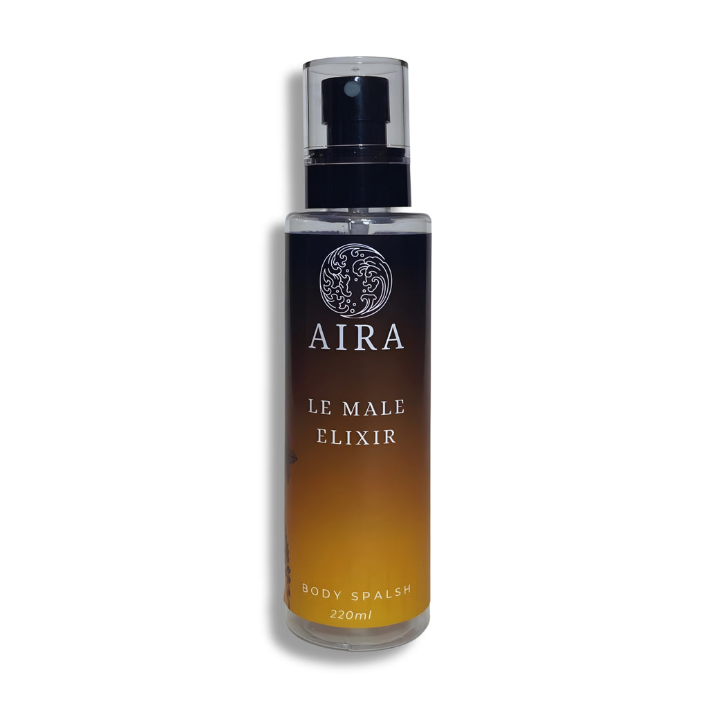 Bottle of AIRA Le Male Elixir body splash on a white background