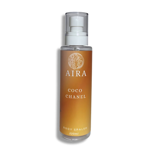 Bottle of AIRA Coco Chanel body splash on a white background