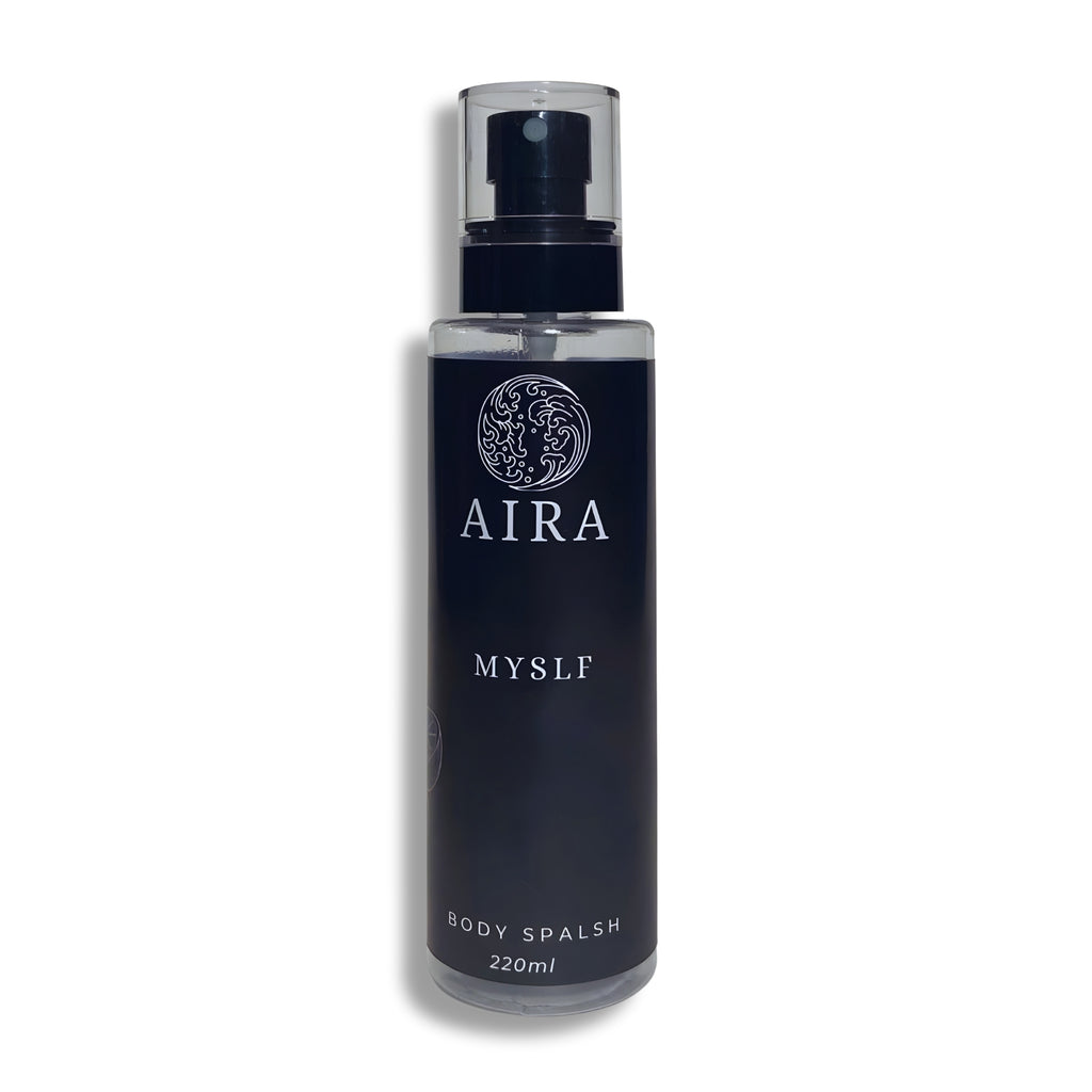 Black bottle of 'AIRA MYSELF' body splash on a white background