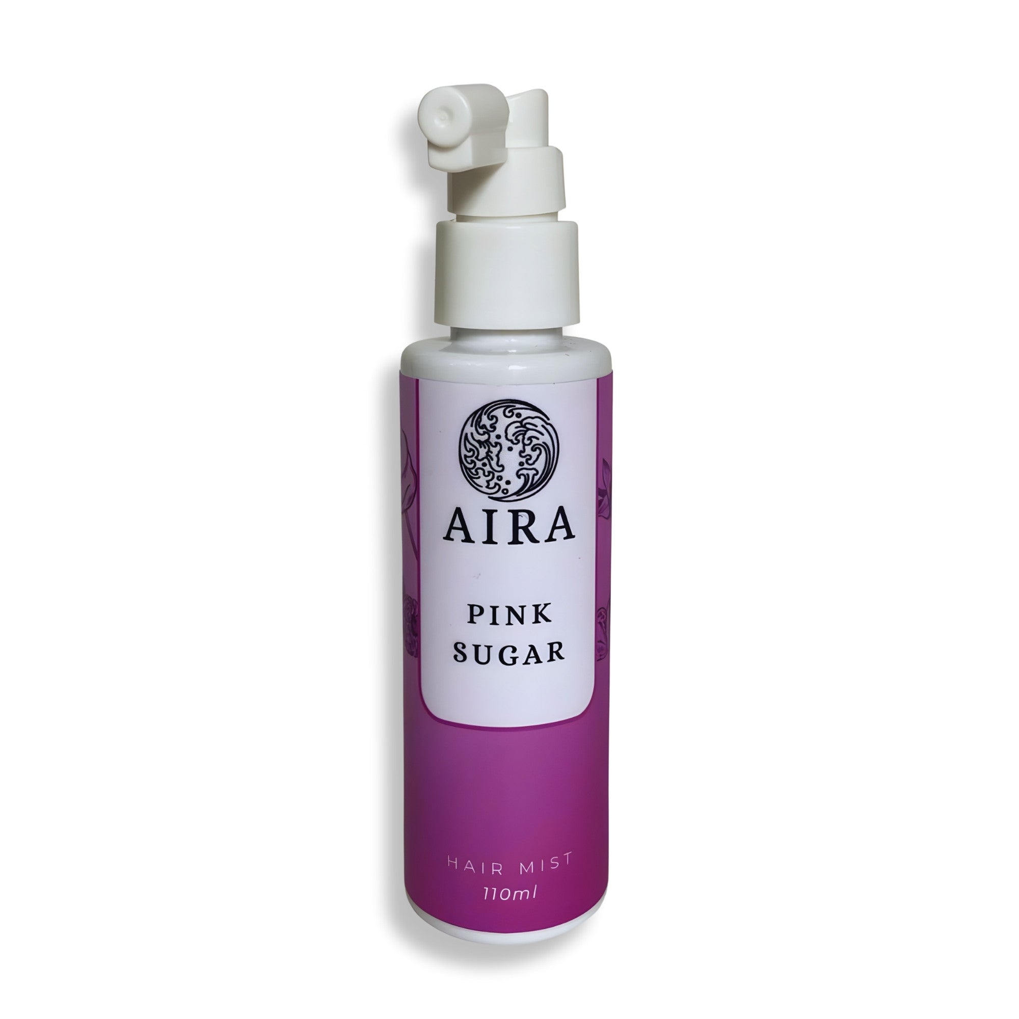 Purple hair mist bottle labeled 'AIRA Pink Sugar' on a white background