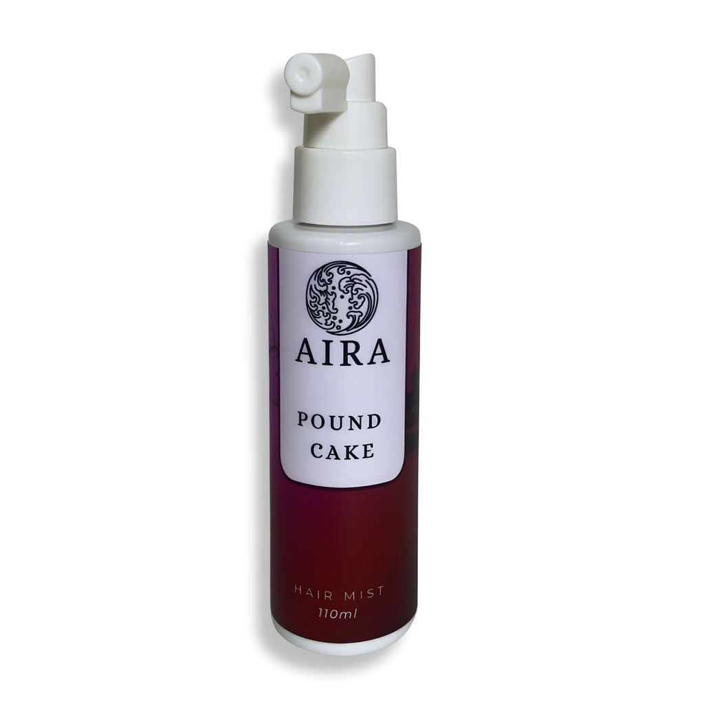 Hair mist bottle labeled 'AIRA Pound Cake' on a white background