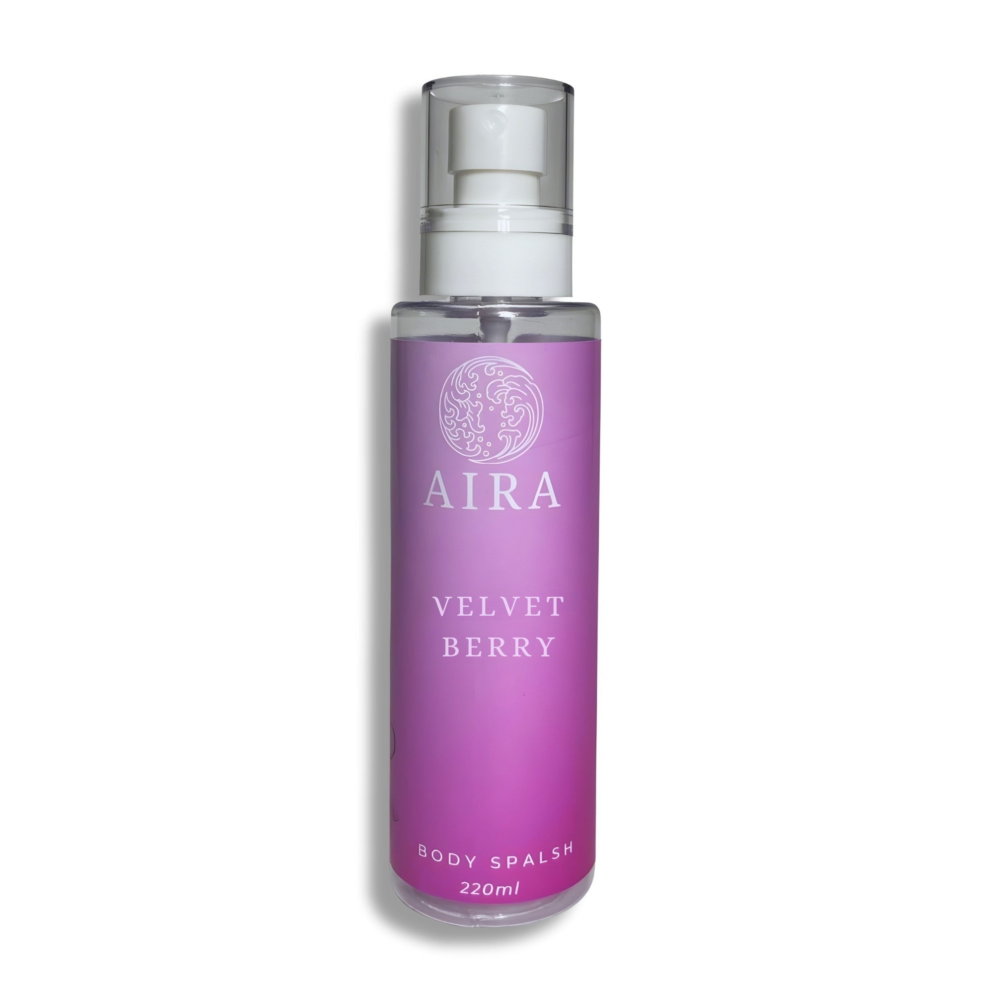 Purple bottle of AIRA Velvet Berry body splash on a white background Burberry Her dupe