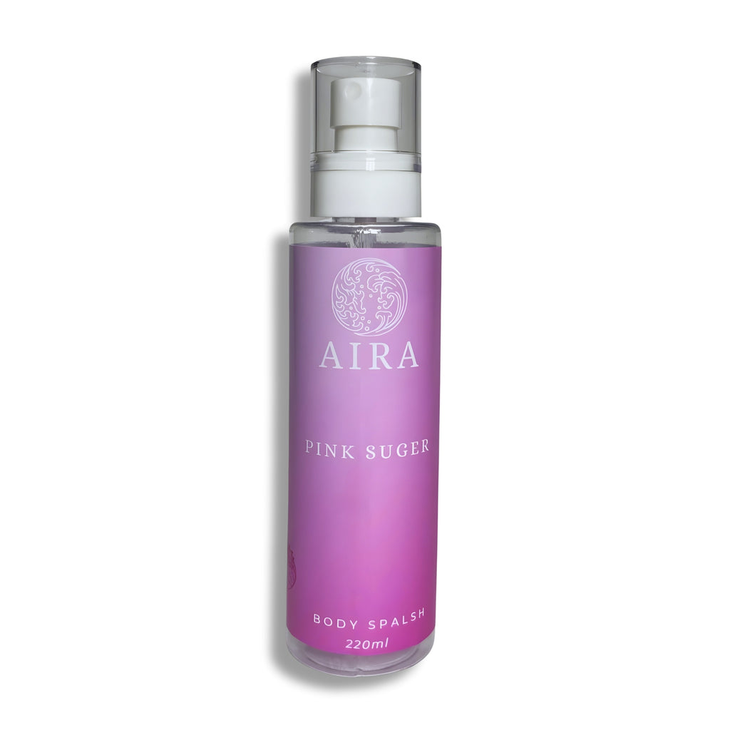 Pink bottle of AIRA Pink Sugar body Splash mist on a white background