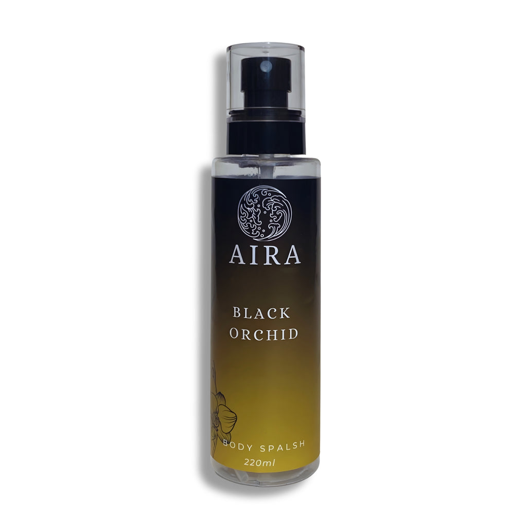Aira Black Orchid body spalsh bottle on a white background