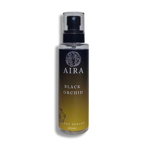 Aira Black Orchid body spalsh bottle on a white background