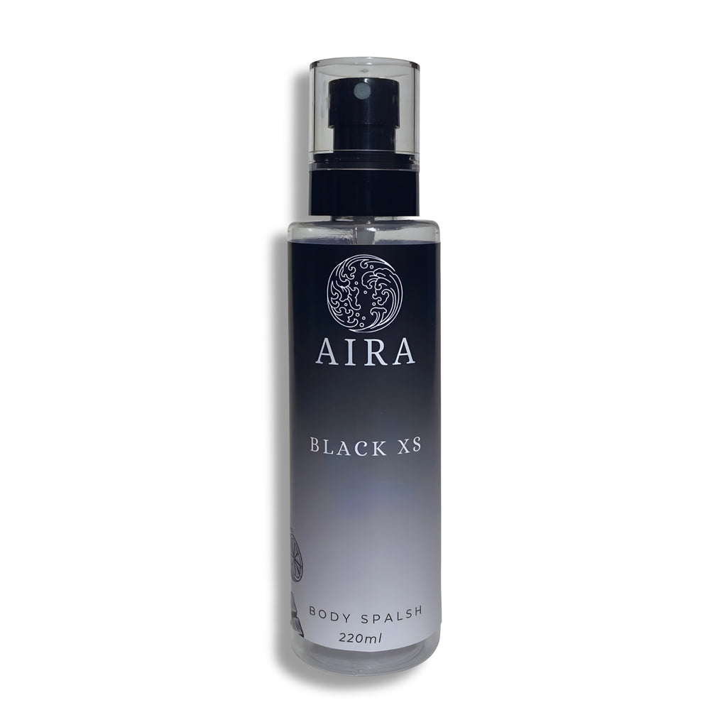 AIRA Black XS body splash bottle on a white background
