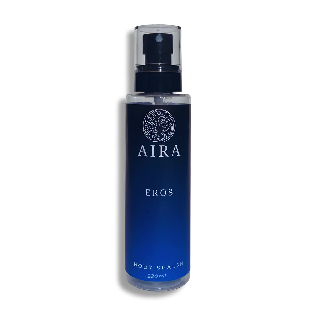 Blue bottle of AIRA EROS body spalm on a white background