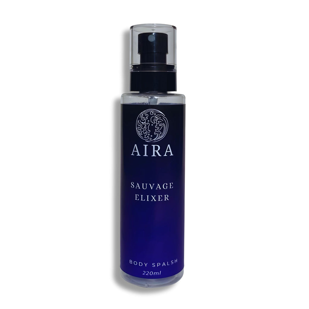 Blue bottle of AIRA Sauvage Elixer body spalsh on a white background
