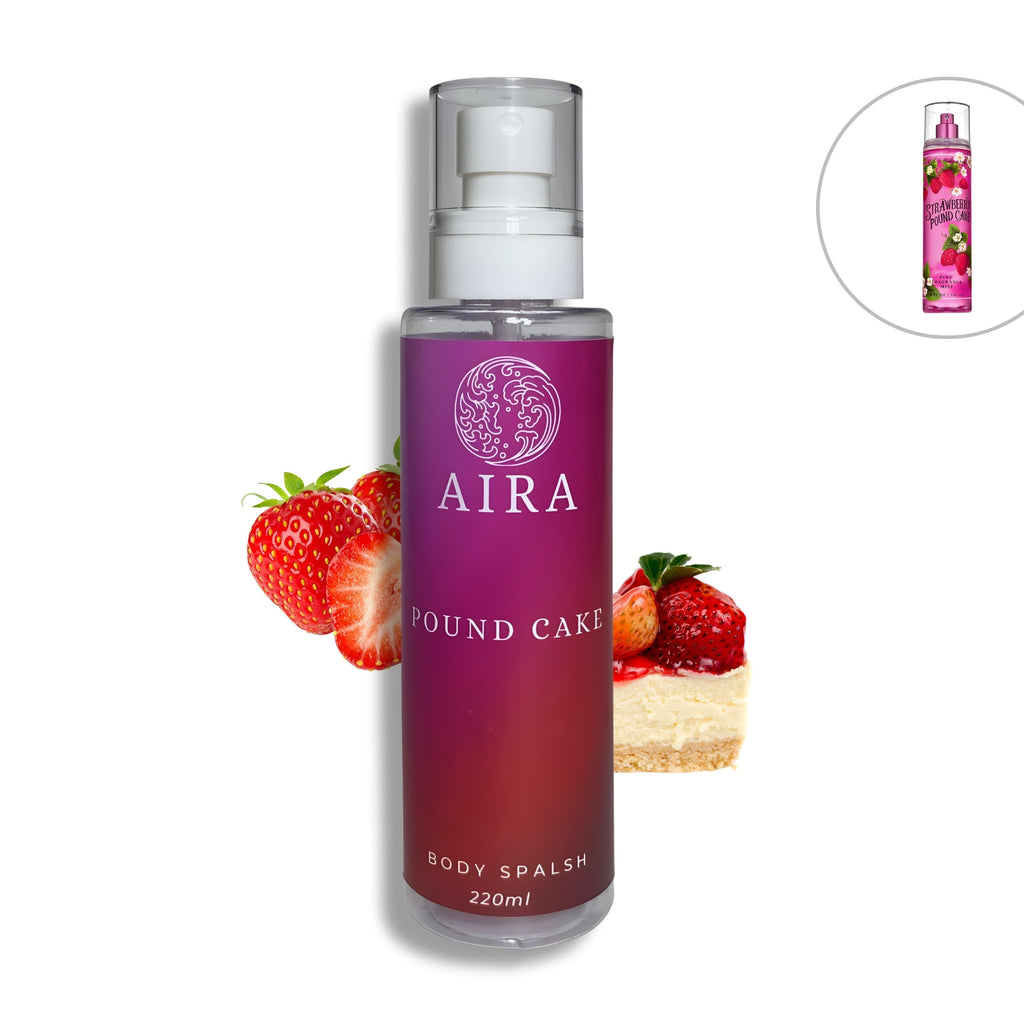 Aira Pound Cake body splash bottle with strawberries and pound cake on a white background