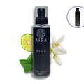 Black bottle of AIRA MYSELF body splash with lime, mint, and flower on a white background