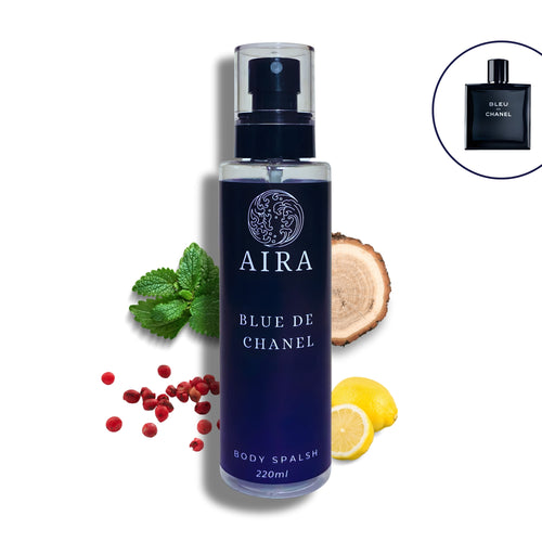Aira Blue de Chanel body splash bottle with natural elements on a white background