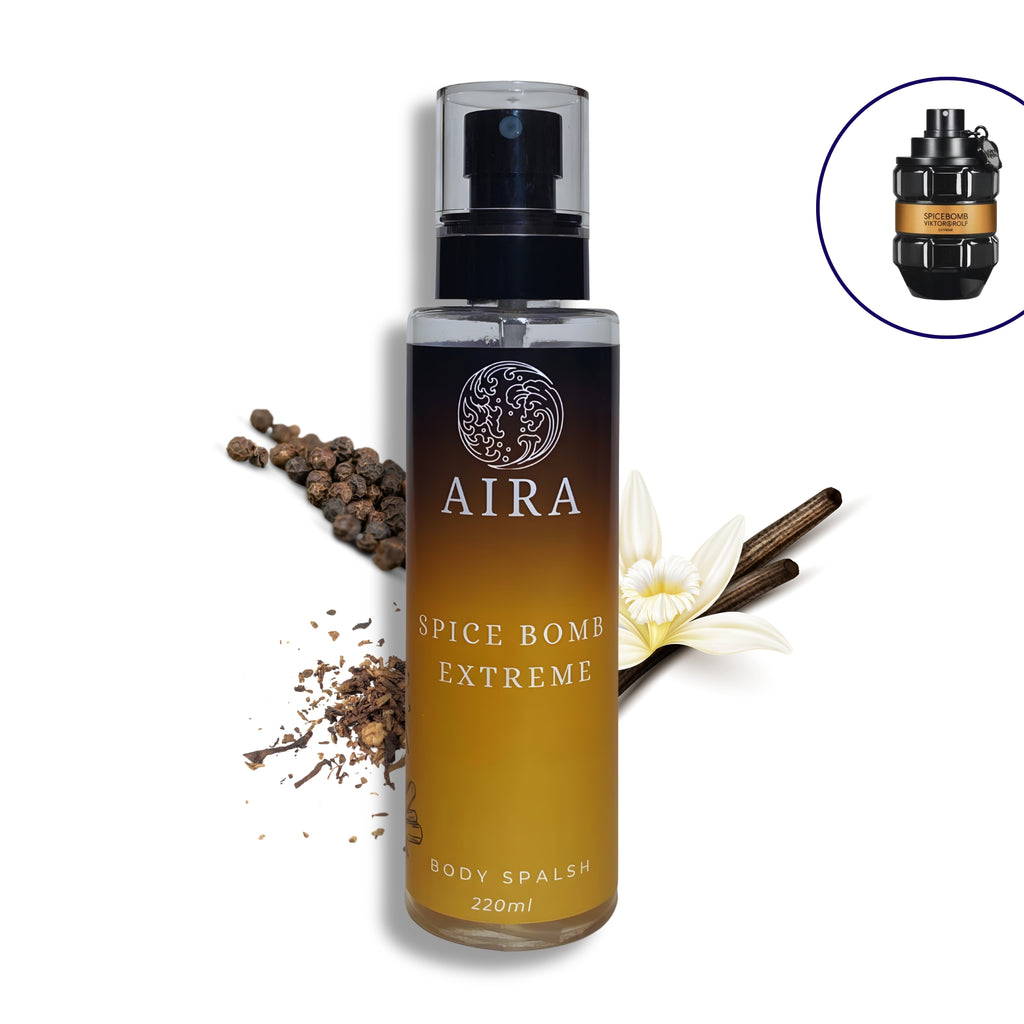 Aira Spice Bomb Extreme body splash bottle with spices and vanilla flowers on a white background