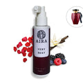 Aira Very Sexy hair mist bottle with red petals, berries, and vanilla on a white background