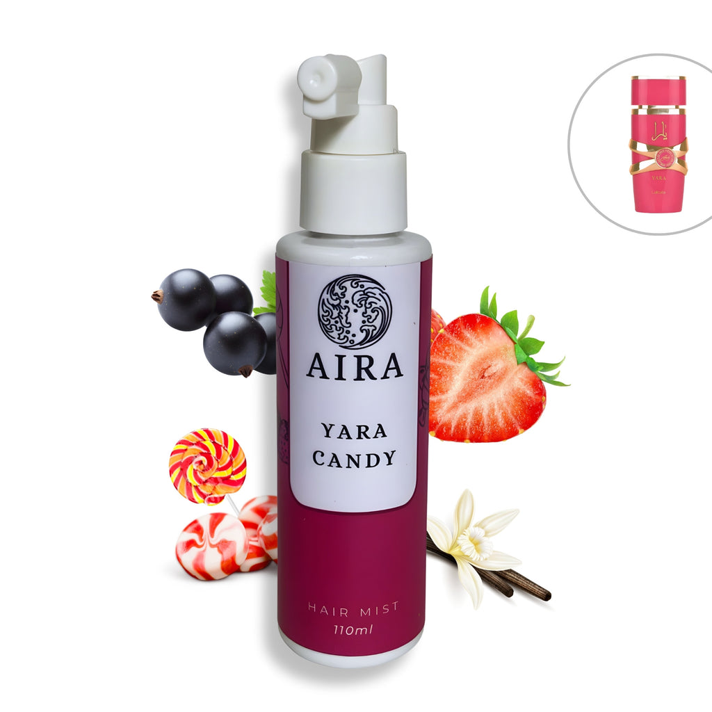 Aira Yara Candy hair mist bottle with fruit and candy graphics on a white background