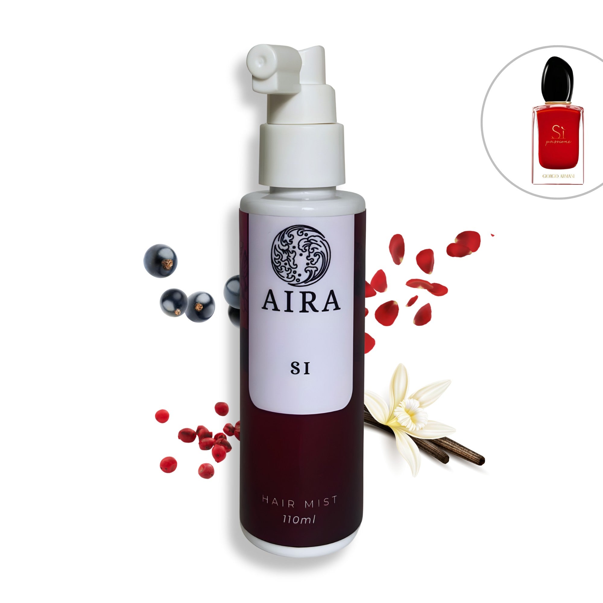 AIRA hair mist Si bottle with red elements and a logo on a white background