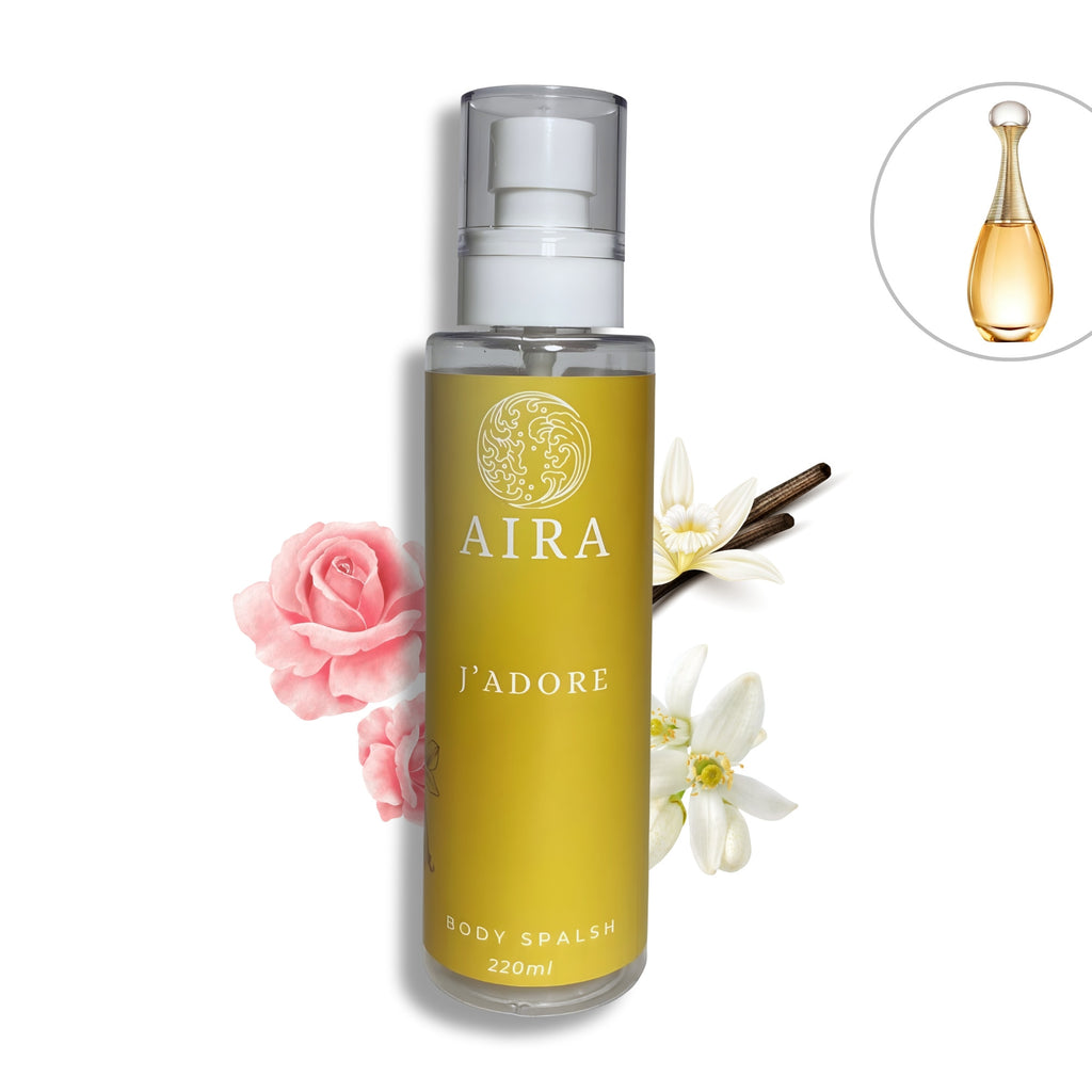 AIRA J'adore body splash bottle with floral elements on a white background