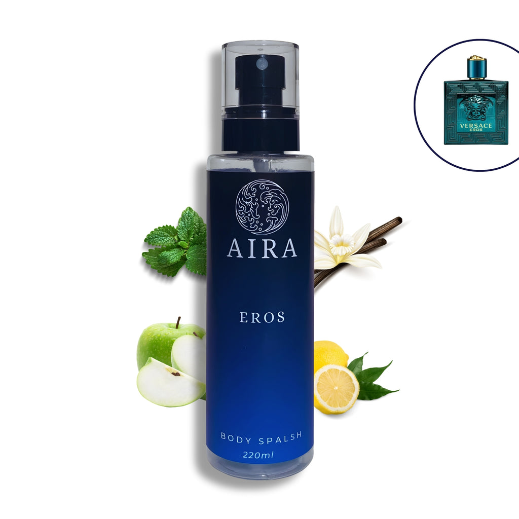 Blue bottle of AIRA EROS body spalsh with natural elements on a white background