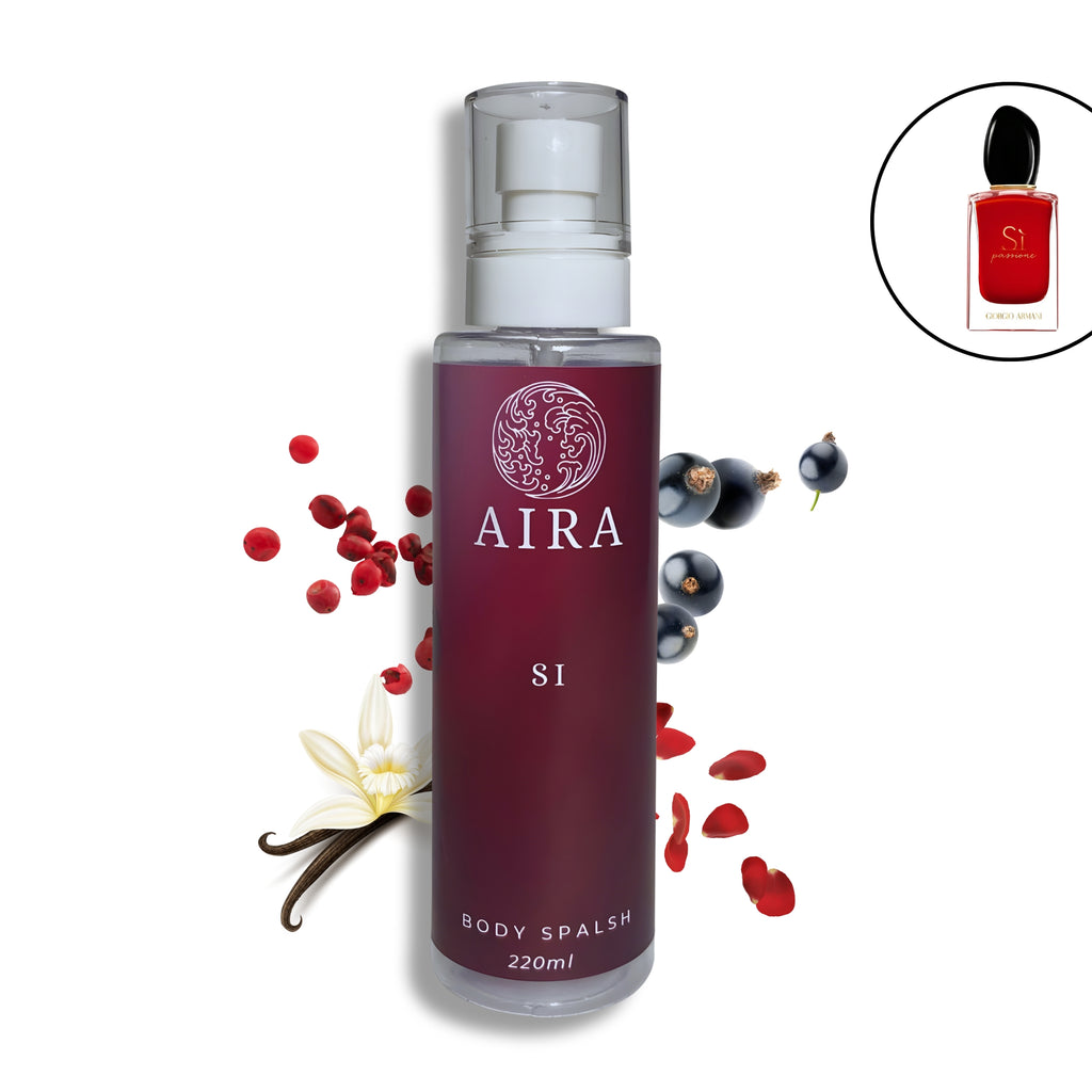 Aira body spalsh bottle with red berries and vanilla flower on a white background SI