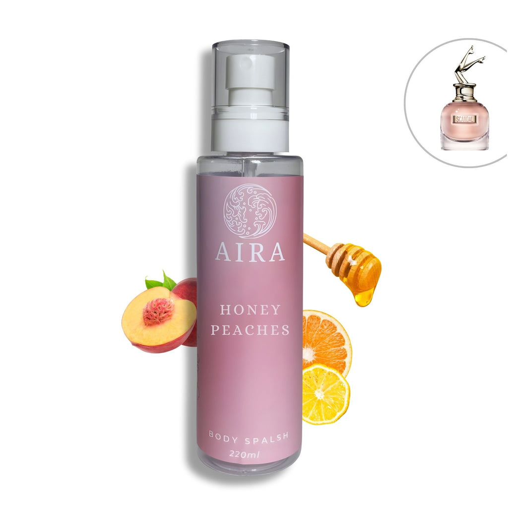 AIRA Honey Peaches body splash bottle with fruit illustrations on a white background Scandal dupe