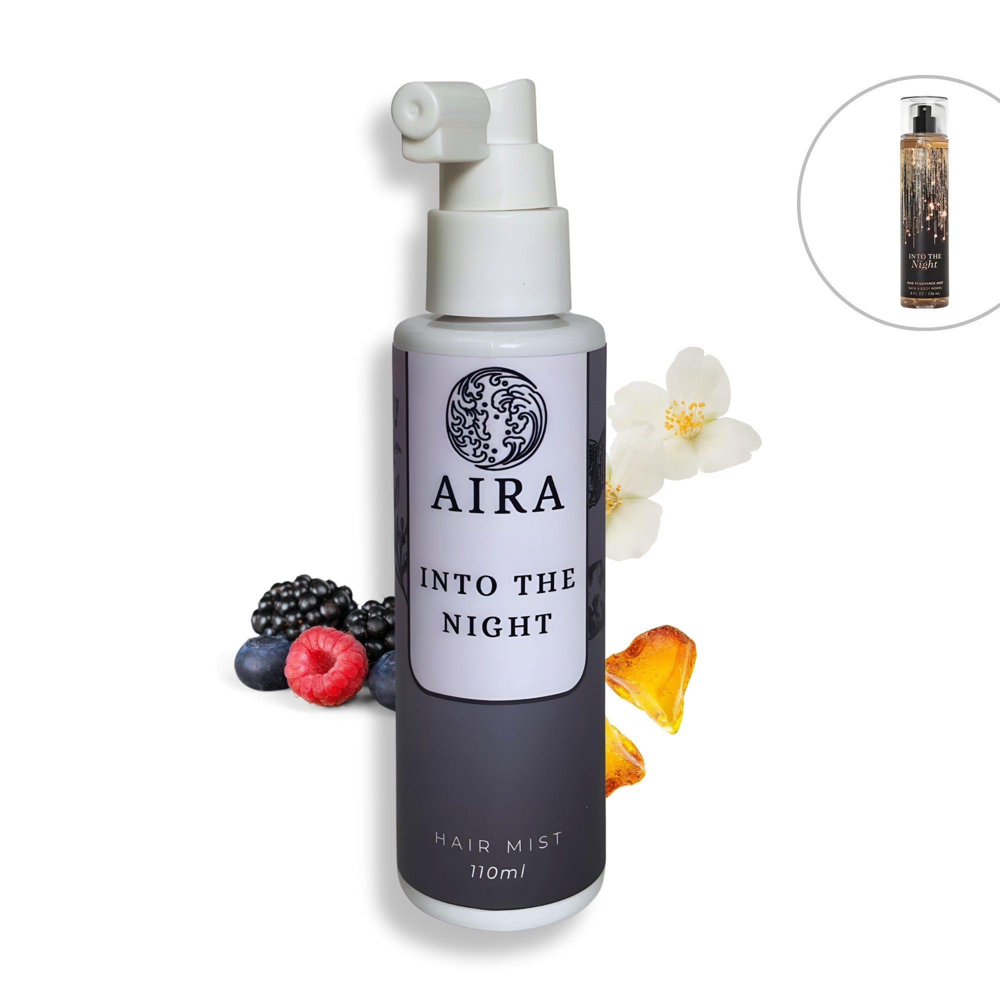 Aira hair mist Into the night bottle with decorative elements on a white background