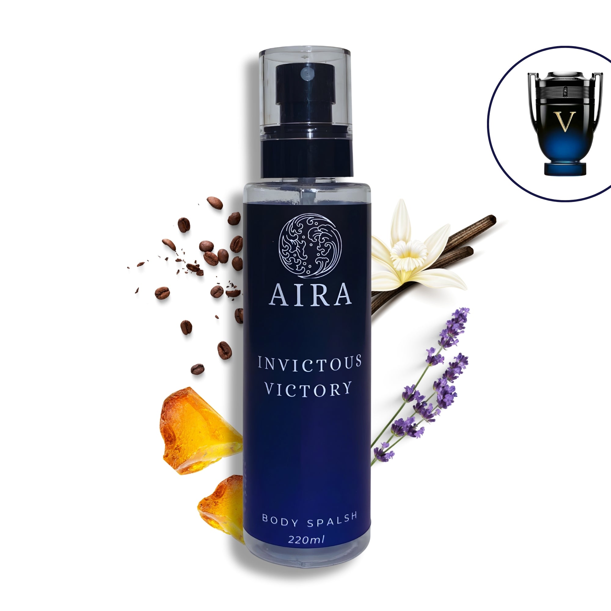 Aira Invictous Victory body spalsh bottle with floral and spice elements on a white background