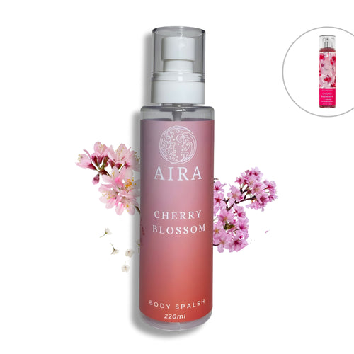 Aira Cherry Blossom body splash bottle with cherry blossoms on a white background