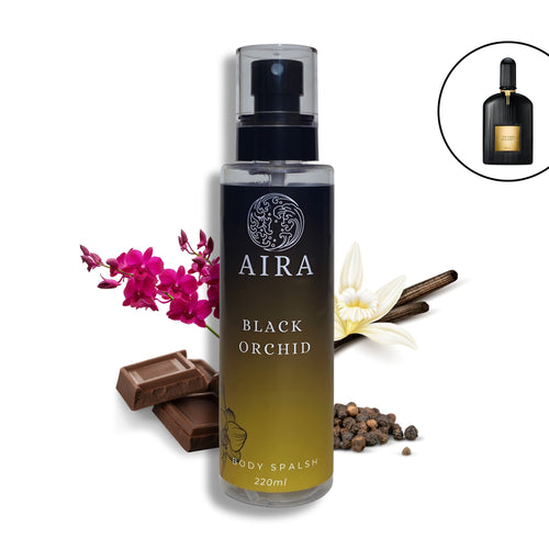 Aira Black Orchid body spalsh bottle with chocolate, orchid, and vanilla beans on a white background