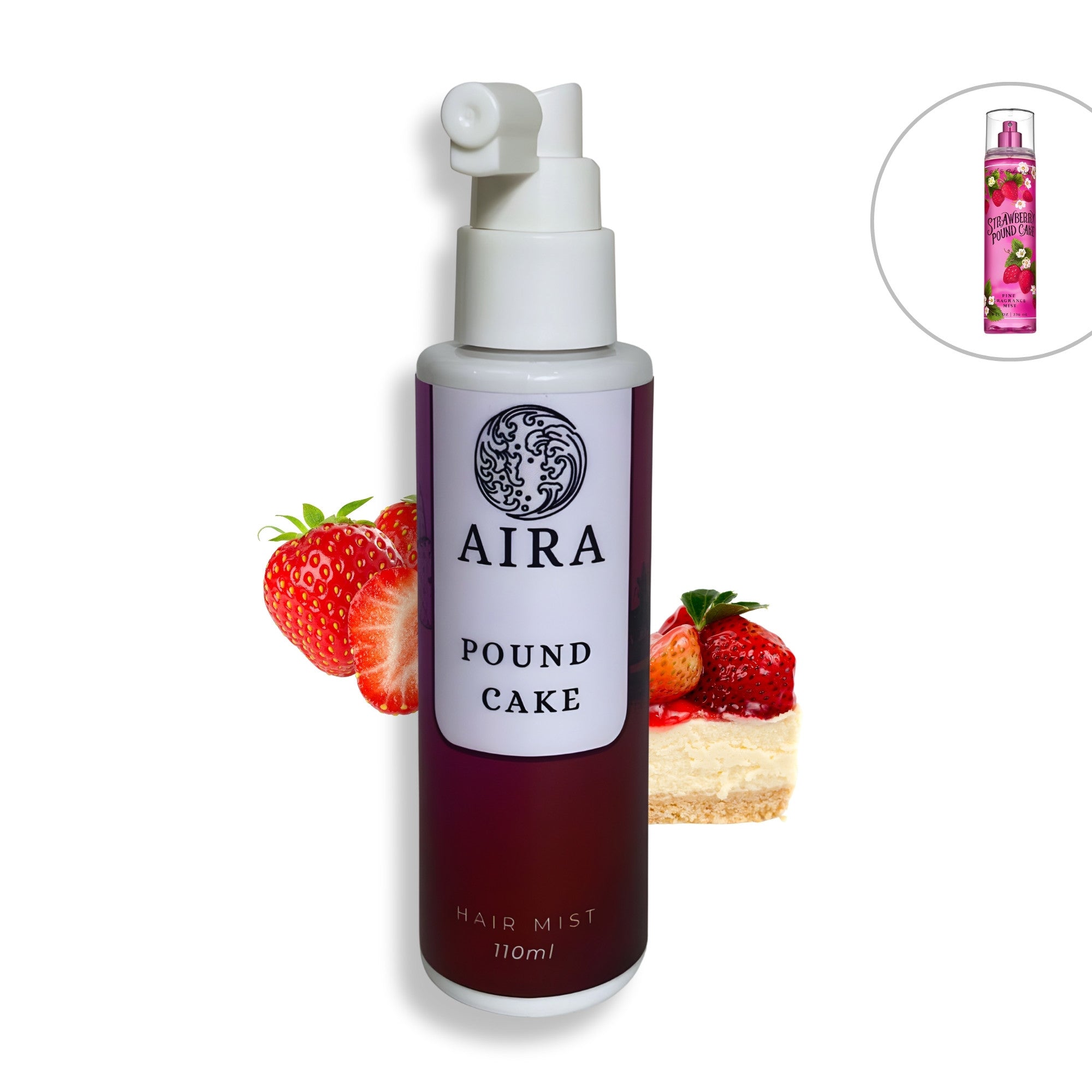 Aira Pound Cake hair mist bottle with strawberries and pound cake on a white background