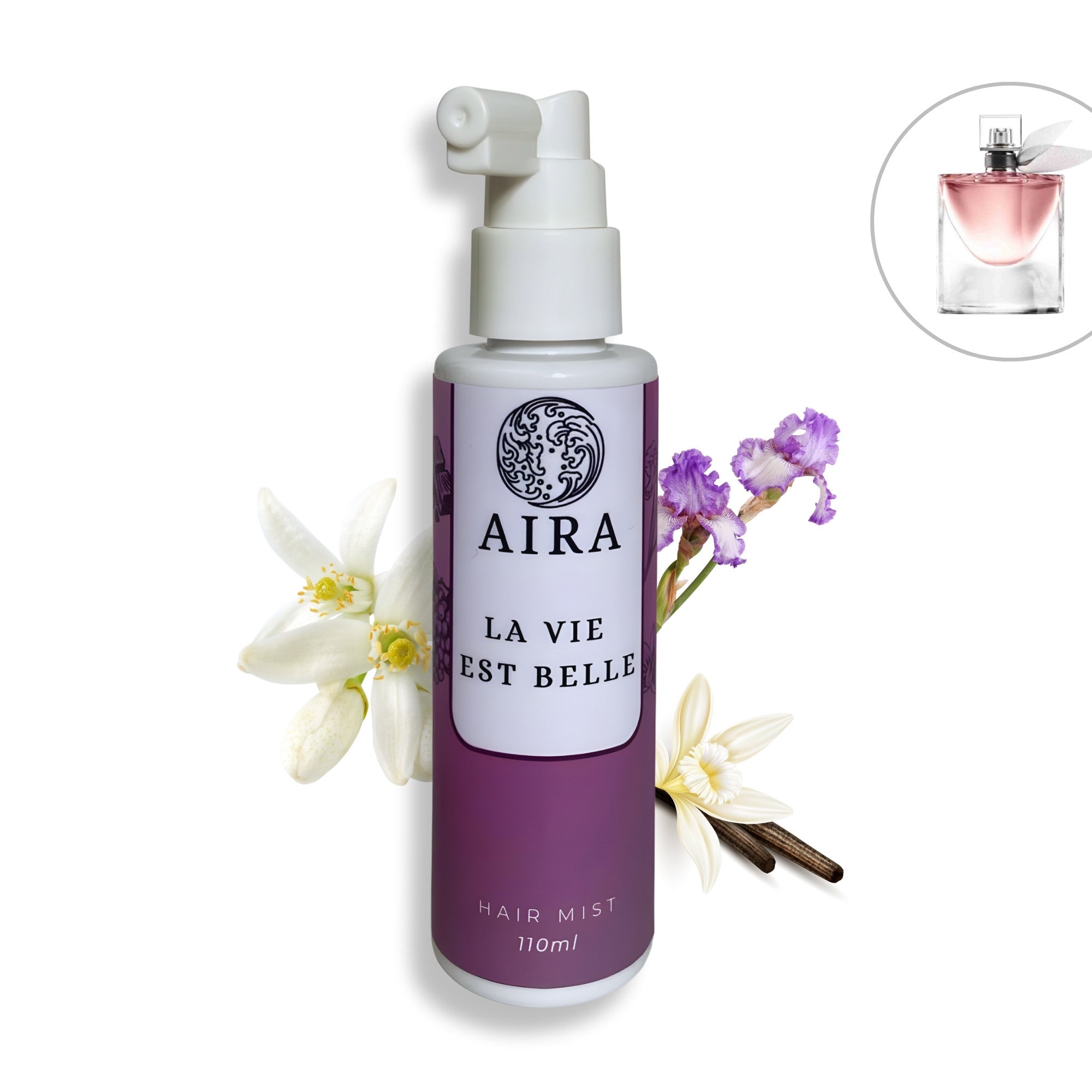 Aira hair mist bottle with flowers on a white background