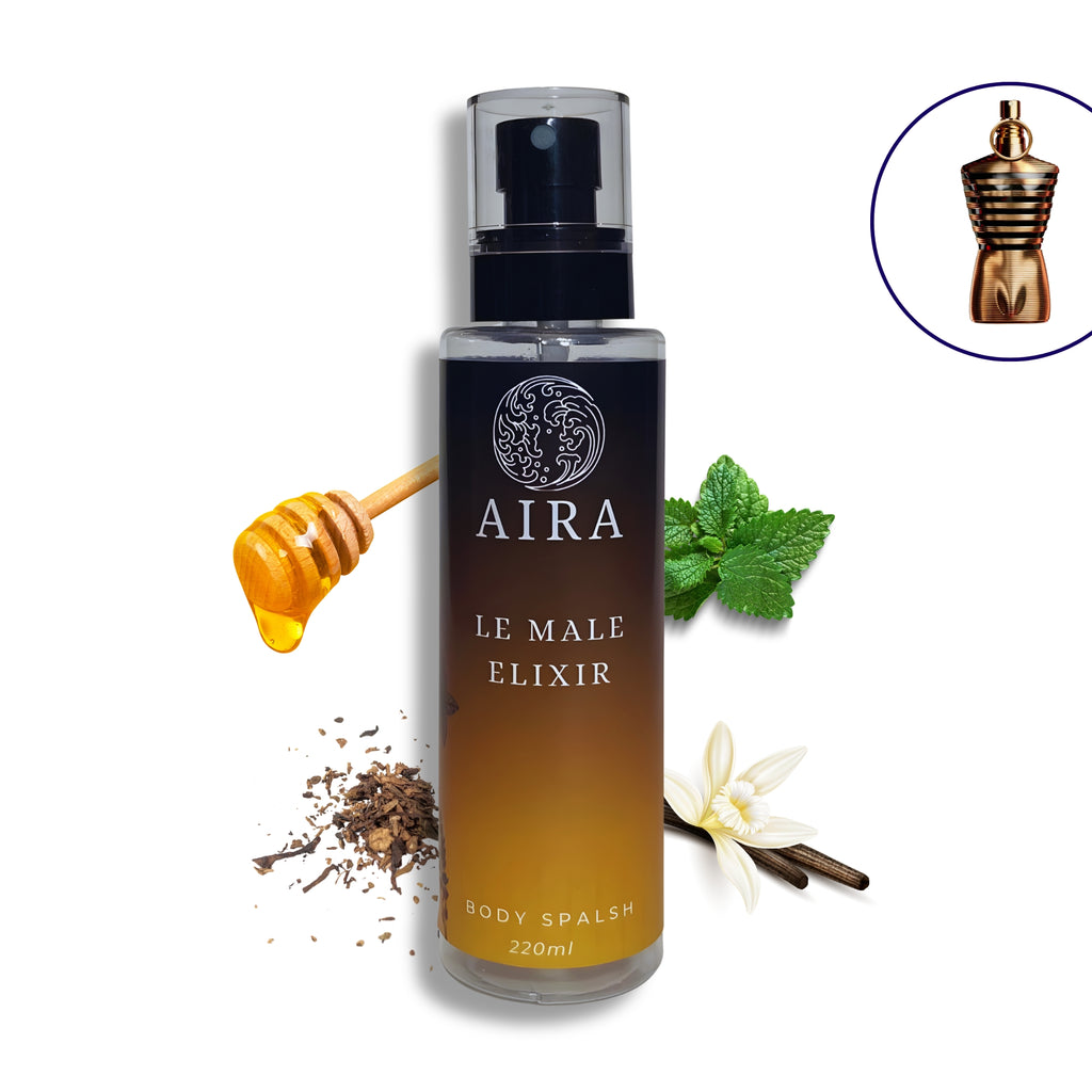 Aira Le Male Elixir body splash bottle with honey, mint, and vanilla elements on a white background