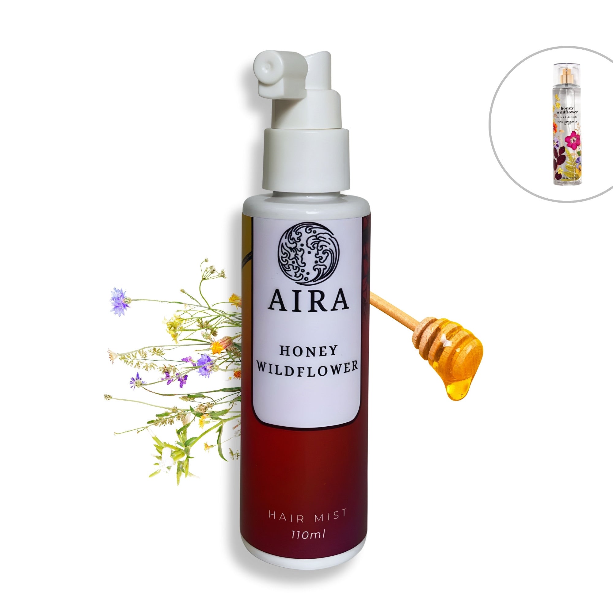 Aira Honey Wildflower hair mist bottle with honey and floral elements on a white background