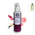Aira Rose Vanilla hair mist bottle with floral elements on a white background