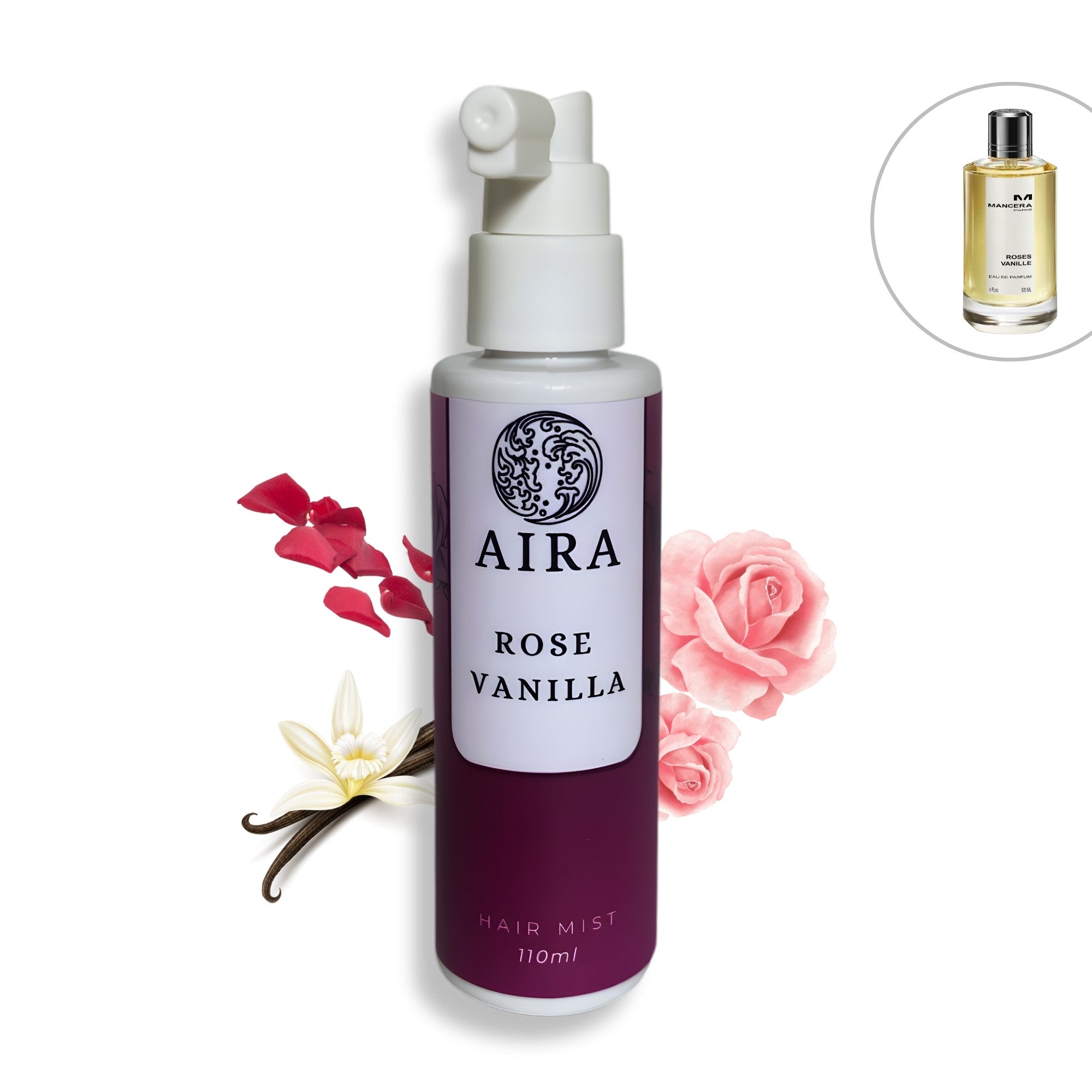 Aira Rose Vanilla hair mist bottle with floral elements on a white background