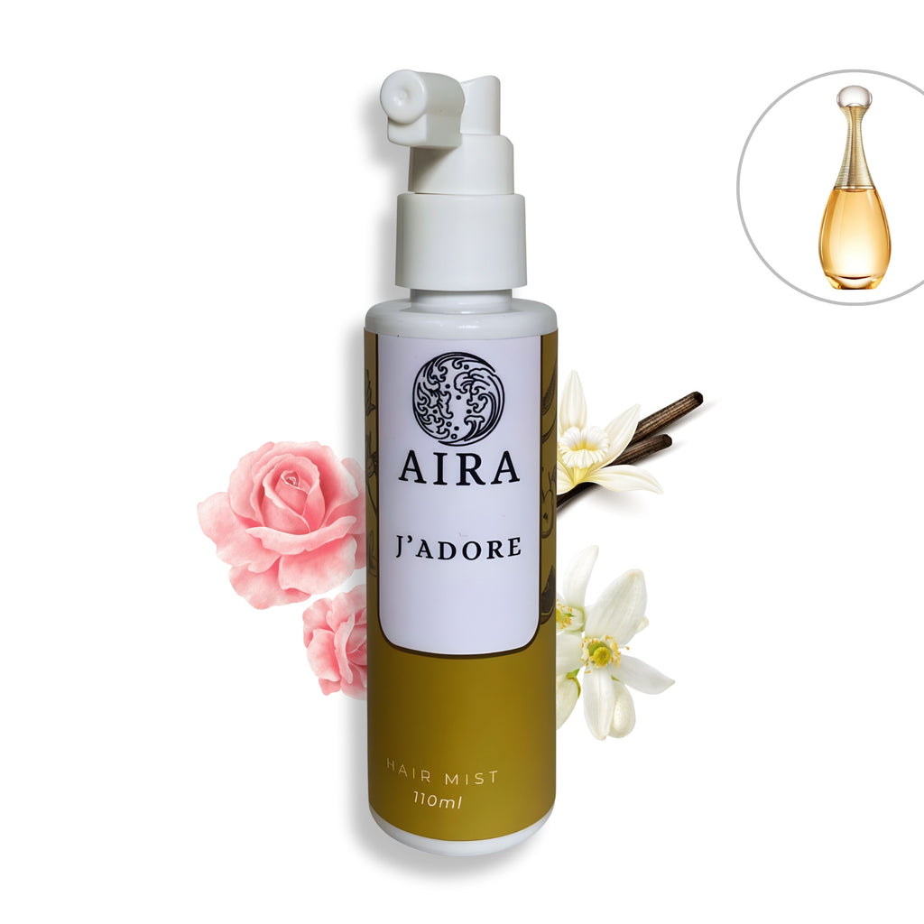 Aira J'Adore hair mist bottle with floral elements on a white background