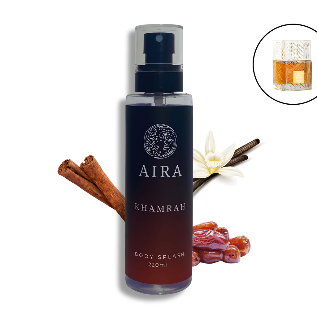 Aira Khamrah body splash bottle with cinnamon, vanilla, and dates on a white background