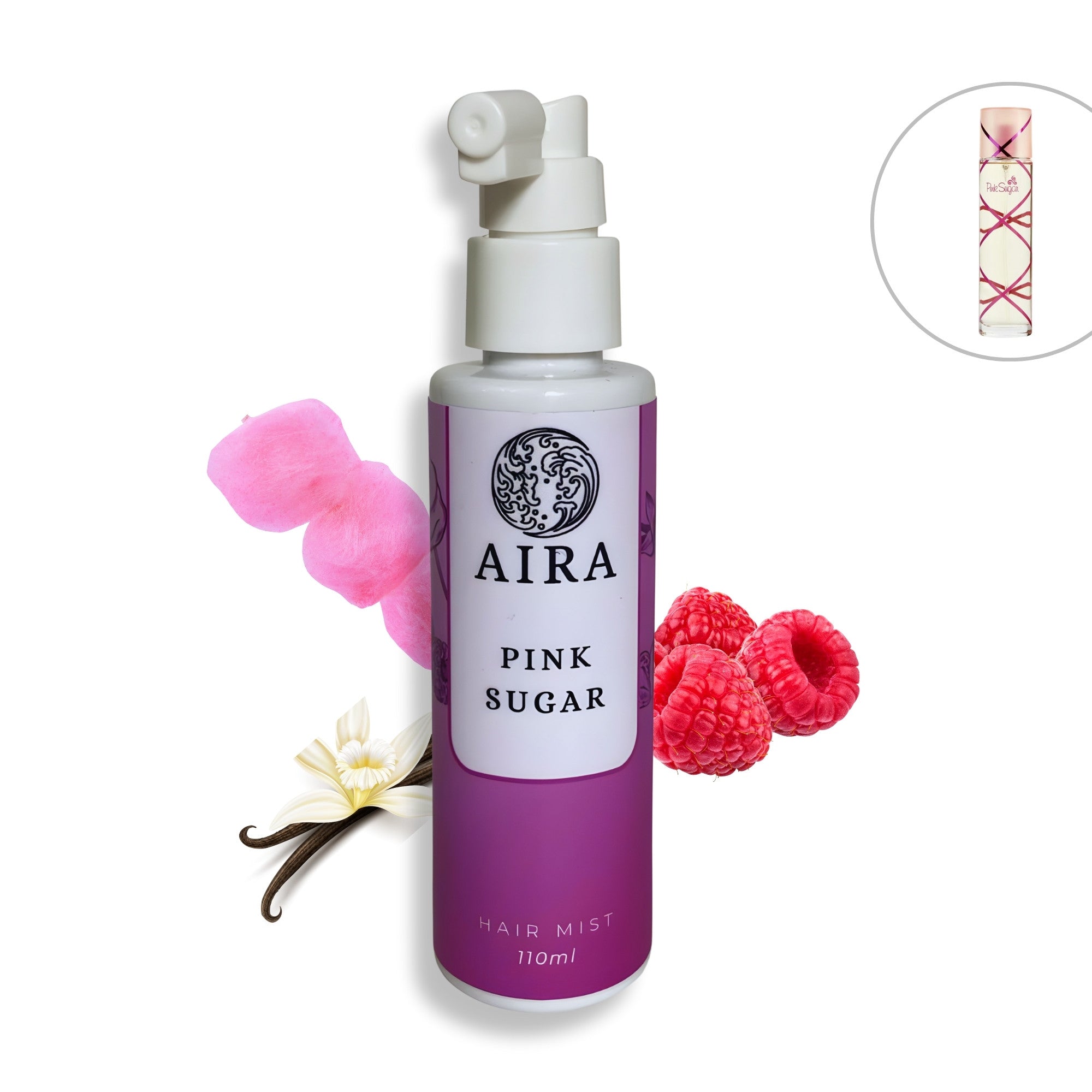AIRA Pink Sugar hair mist bottle with pink flowers and raspberries on a white background