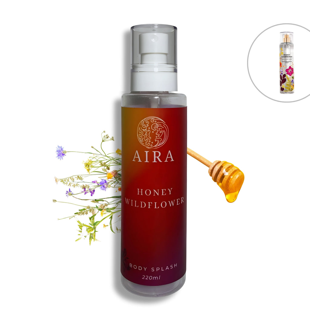 Aira Honey Wildflower body splash bottle with honey and floral elements on a white background
