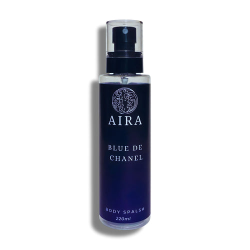 Blue bottle of 'Aira Blue de Chanel' body splash on a white background
