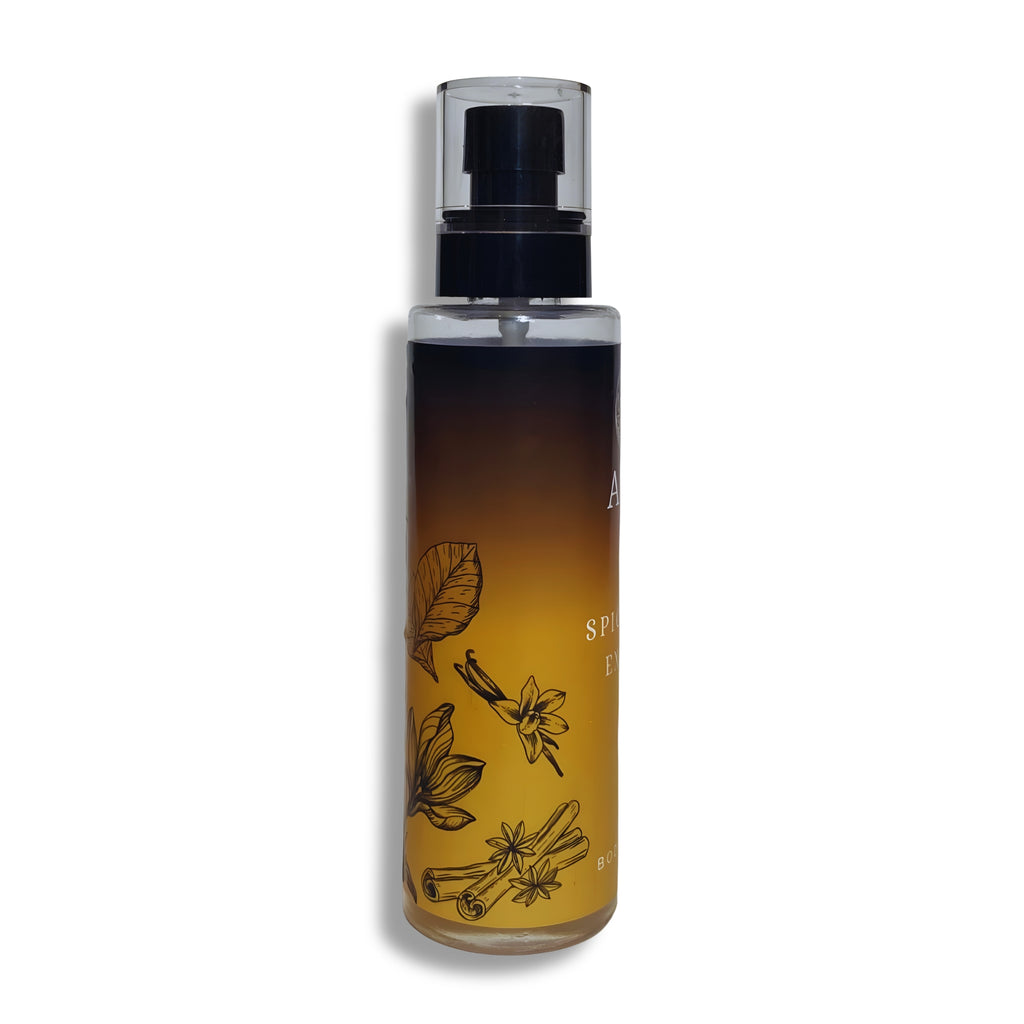 body splash bottle with botanical illustrations on a white background