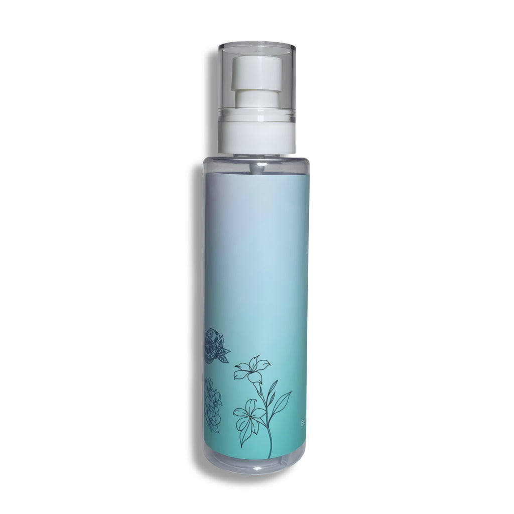 Body Splash bottle with floral design on a white background
