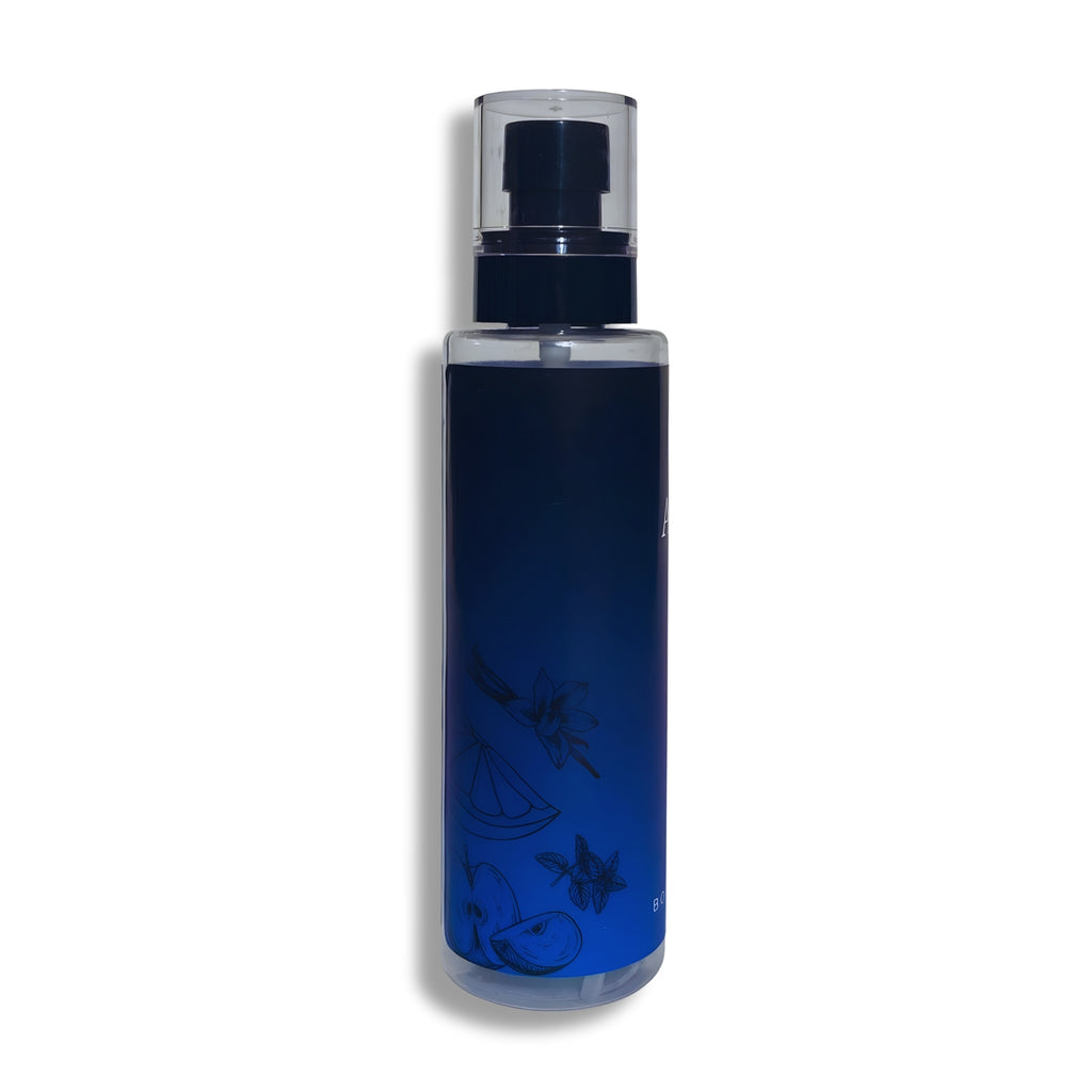 Blue Body splash bottle with black cap on a white background